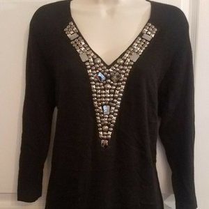 August Silk Black Embellished V-Neck Sweater Med
